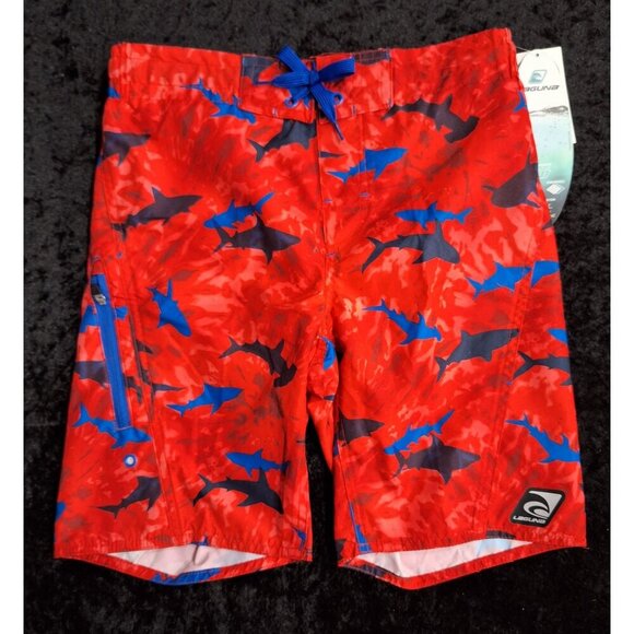 NWT Laguna Big Boys Red & Blue Shark Swim Trunks Size Youth 10/12 With UPF 50+ S - Picture 1 of 9